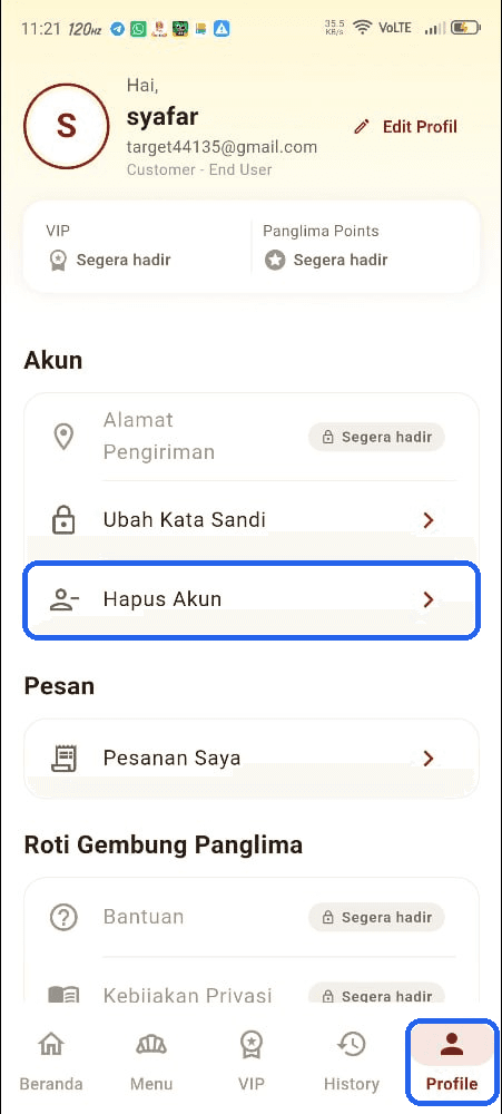 Halaman Profile di aplikasi, dengan menu Profile di bawah dan pilihan Hapus Akun ditandai.