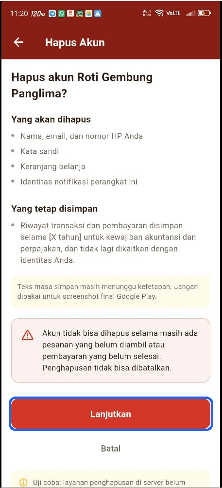 Halaman penjelasan data yang akan dihapus dan yang tetap disimpan, dengan tombol Lanjutkan ditandai.