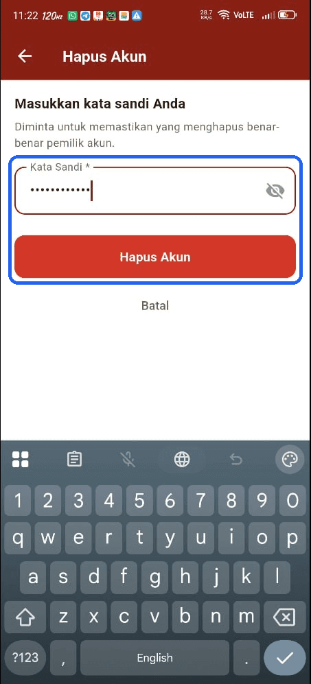 Halaman konfirmasi berisi kolom kata sandi dan tombol Hapus Akun yang ditandai.