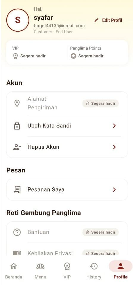 Halaman Profile di aplikasi dengan VIP, Panglima Points, dan Alamat Pengiriman bertanda Segera hadir.