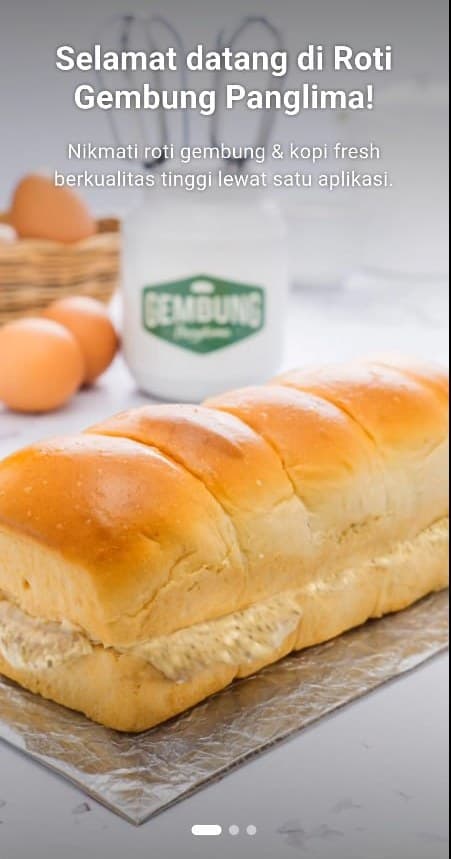 Layar sambutan aplikasi Roti Gembung Panglima dengan foto roti gembung.